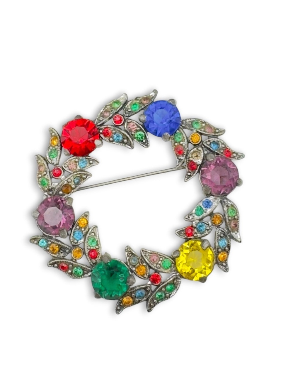 Vintage Hallmarked Fred Gray Multicolored Glass & Rhinestone Wreath Brooch